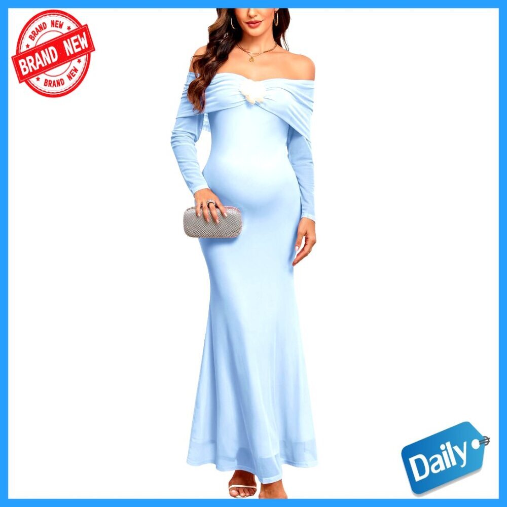 Maternity Off Shoulder Mermaid Maxi Dress Mesh Bodycon Baby Shower Photoshoot